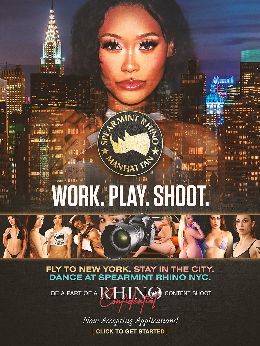 Advertisement poster for Spearmint Rhino NYC featuring a skyline background, a camera, and multiple photos of women in swimwear promoting work, play, and shoot opportunities that make you feel right at home.
